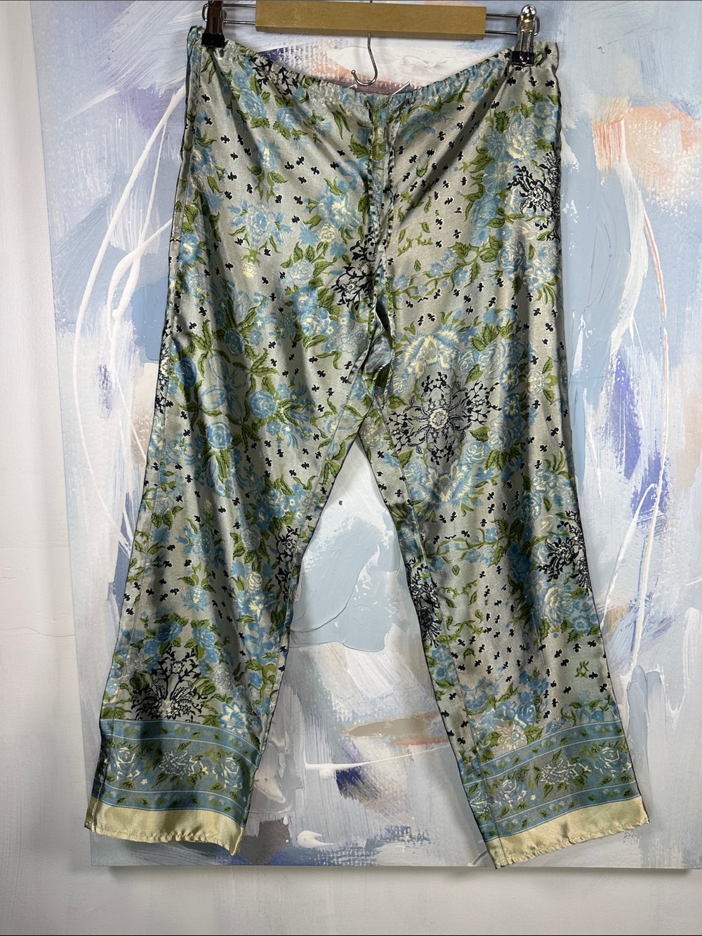 Arden B Floral Satin Bandana Pants XS Blue Green Cropped Straight Leg Y2K trendy